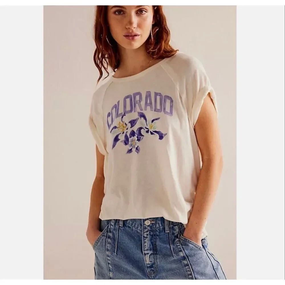 Free People X We The Free Colorado State Flower Short Sleeve Graphic Tee XS NEW